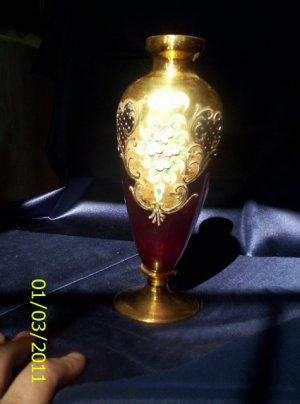 Glass vase, handpainted, red with gold embellishments