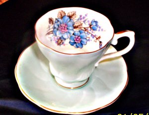 Light blue teacup and saucer, made by Royal Grafton Fine Bone China