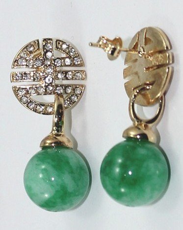 The beauty of natural round 12 millimeter wave flower green jade earrings (B122)