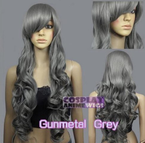 Heat Resistant gunmetal grey COLOR Curly Wavy Long Cosplay Wigs
