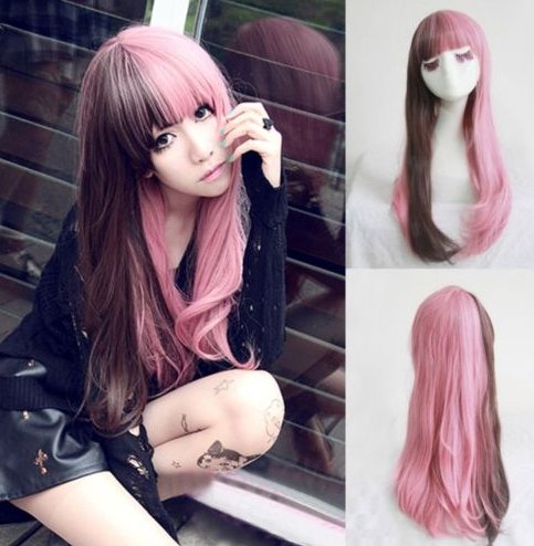 Fashion-Lolita-Brown-Pink-Hair-Long-Curly-Wavy-Wigs