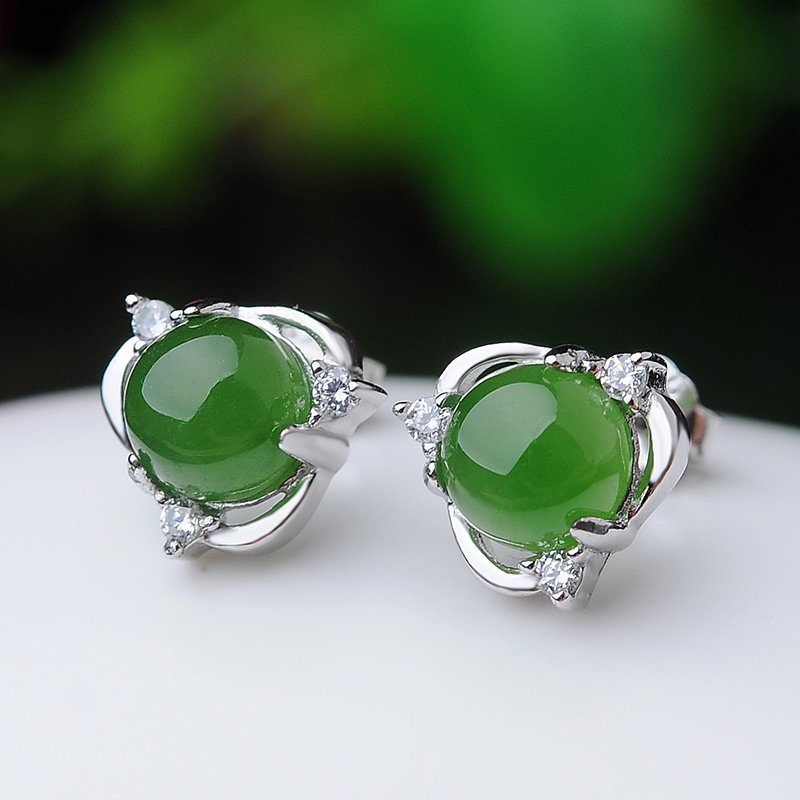 Boutique 925 silver inlay and Tianbiyu ear nail natural jade ear pendant