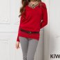 Merino Wool Red Long Sleeve Pullover V-neck Knit Sweater Top Knitwear Women