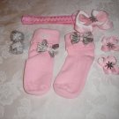 PINK HOLIDAY SNOWFLAKE HEADBAND BOW W/MATCHING VELCRO SOCKS & BOWS SZ3-5 YRS SET