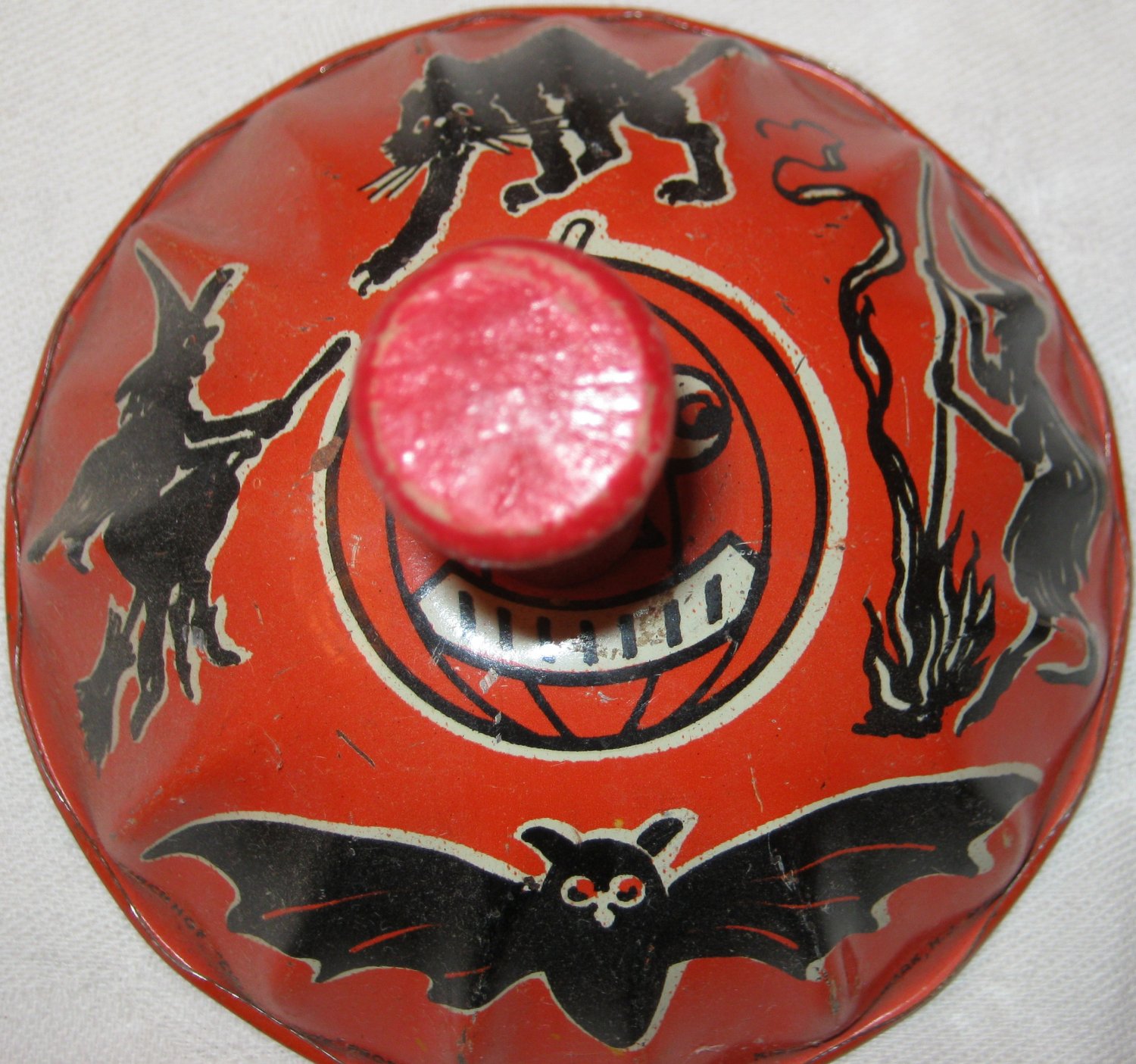 Vintage Kirchhof Metal Noisemaker Black Cat and Witch "Life of the Party"
