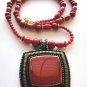 Red Bamboo Coral Beads with Antiqued GoldTone Pendant Necklace and Earrings Set