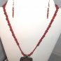 Red Bamboo Coral Beads with Antiqued GoldTone Pendant Necklace and Earrings Set