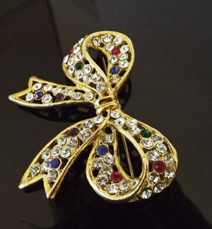 Fruit Salad Rhinestone Vintage Brooch - Bow Shaped