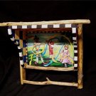 Artist Handpainted Folk Art Wood Wall Shelf / Towel Rack with Sticks