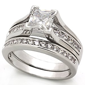 Lady's Engagement , Wedding Ring With Clear CZ, Brass, Rhodium Plating, Sz 5,6,8,9,10