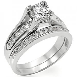 Lady's Engagement , Wedding Ring Set W/ Clear Princess Cut CZ, Size  8, 10