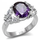 Stainless Steel Lady's Ring W/ Oval  Amethyst CZ W/ Butterflys Size 5,6,8,9,10