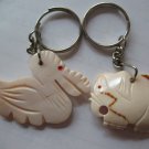Hand Carved Shell Elephant & Duck Key Chains Pendants White Cream Color Vintage