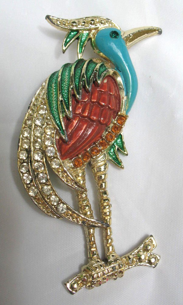 Goldtone w/ turquoise green coral enamel heron bird pin brooch rhinestones