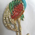 Goldtone w/ turquoise green coral enamel heron bird pin brooch rhinestones