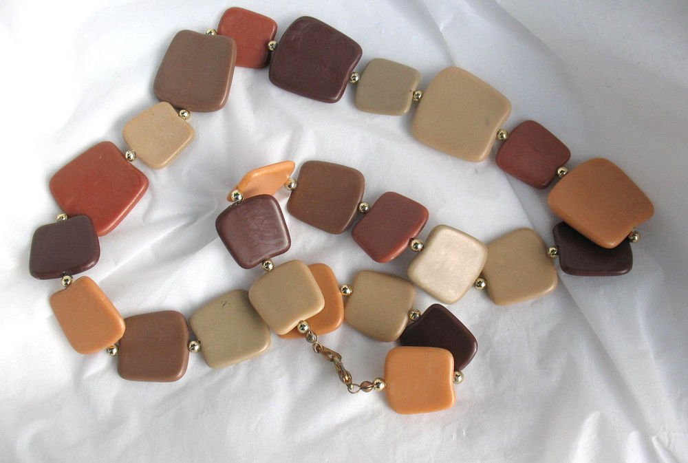 Brown Tan Flat Square Plastic Bead Necklace  25"  with Gold tone spacer beads