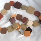 Brown Tan Flat Square Plastic Bead Necklace  25"  with Gold tone spacer beads