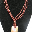Multi Strand Genuine Mother of Pearl MOP Pendant Beaded Necklace Button Brown 16