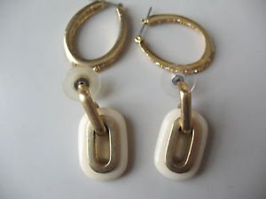 2 Pairs Earrings Gold Tone Pierced Faux Rhinestones White Dangle Hoops