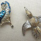 Vintage Gold Tone green blue enamel PARROT BIRD rhinestone Brooch Pin lot 2 PINS