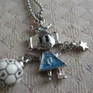 Silver Tone Soccer Girl with Crown White Ball & Star Queen Good Fairy Necklace