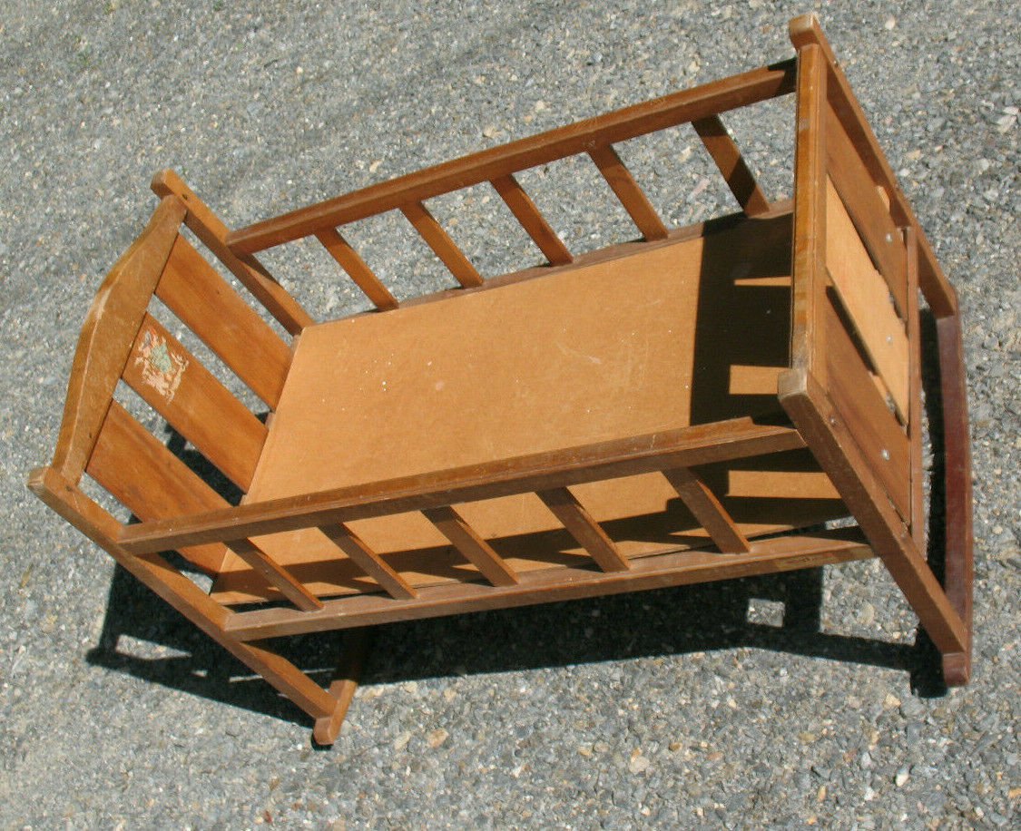 Vintage Baby Doll Rocking Crib Cradle Wood w Decal Marlboro NH Whitney