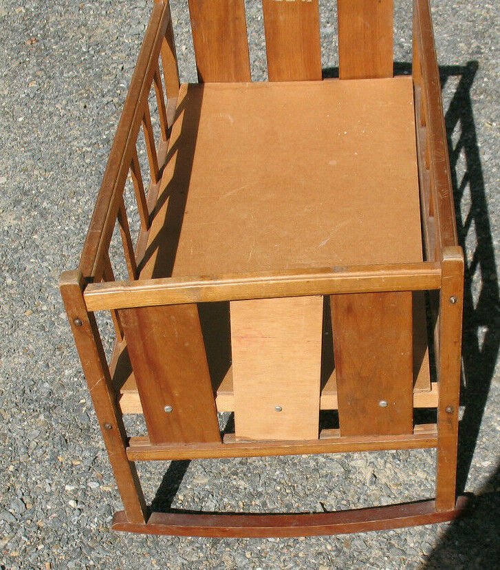 Vintage Baby Doll Rocking Crib Cradle Wood w Decal Marlboro NH Whitney