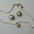 Delicate Faux Pearl Necklace & Button Pearl Clip on Earrings Set Rhinestone Gold
