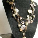 Wood Nut Buttons SWAG BIB Necklace 4 strands Brass beads 16" expands to 19"