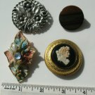 Lot of 4 VINTAGE Pins Silver one Round Metal Filigree Flower Cameo Wood Paper