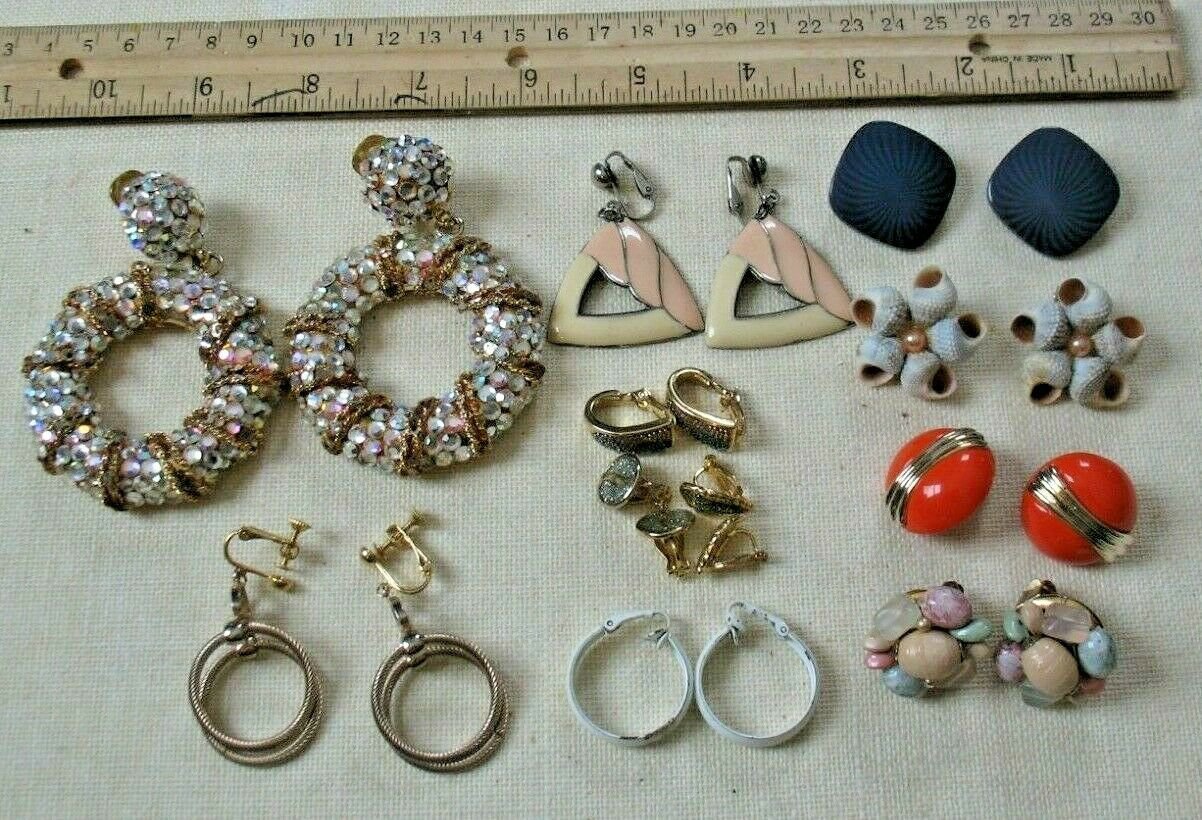 Lot 12 Vintage Earrings 80s 90s CLIP ON Gold Tone Statement Gift Gold Rhinestone