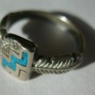 STERLING TURQUOISE Inlay FEATHER DESIGN RING SIZE 5 Stepped Stairs Pattern