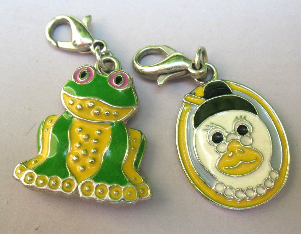 Frog & Mother Goose Charms Signed CWD W?  SIlver tone with enamel Pink Eye Frog