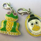 Frog & Mother Goose Charms Signed CWD W?  SIlver tone with enamel Pink Eye Frog