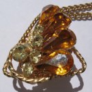 VINTAGE RHINESTONE PENDANT Necklace DOUBLE SIDED AMBER COLOR CLEAR RHINESTONES