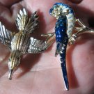 Vtg Blue Parrot Bird of Paradise Brooch Pin Rhinestone AND Gold Tone Flying Bird