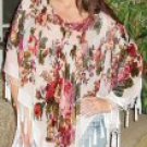 Burnout Velvet English Rose Design Poncho with Hanging Crochet Fringe