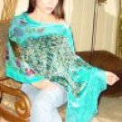 Oblong Peacock Design Velvet Poncho with Hanging Crochet Fringe