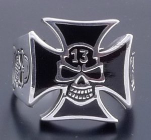 925 SILVER LUCKY 13 SKULL CROSS BIKER RING SZ N to Z3