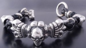 SKULL FLEUR LEATHER & STERLING SILVER BRACELET 8.5"