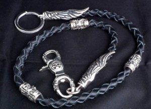 925 SILVER & LEATHER TRIBAL SKULL BEADS CUSTOM LOWRIDE CHOPPER WALLETCHAIN