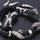 925 SILVER & LEATHER DRAGON CLAW BIKER CHOPPER LOWRIDER BRACELET