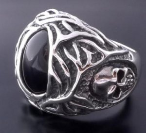 925 SILVER ONYX SKULL TRIBAL CHOPPER RING sz N to Z3