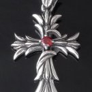 925 STERLING SILVER GOTHIC FLEUR CROSS RED ZIRCONIA GEM BIKER PENDANT