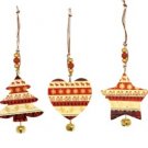 Pack of 6 Christmas Star Heart Tree Wooden Hanging Decoration with Bells & Beads