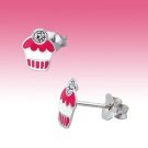 925 Sterling Silver Novelty Cupcake Pink Crystal Studs Earrings Gift Boxed New