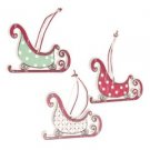 3 x Shabby Chic Wooden Sleigh Red White Green Spotty Christmas Tree Decoration