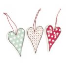 3 x Shabby Chic Wooden Heart Red White Green Spotty Christmas Tree Decoration
