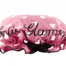 BOMBAY DUCK Girlie Glamour Pink White Hearts Black Bow Embroiderd Shower Cap Hat