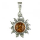 Sterling Silver Cognac Antique Amber Sun or Sunflower Flower Pendant Gift New